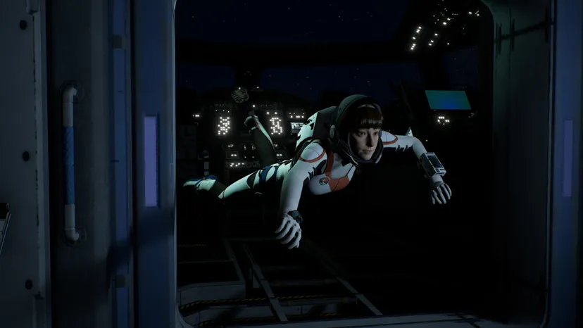 A screenshot of the protagonist of Deliver Us Mars floating in space.