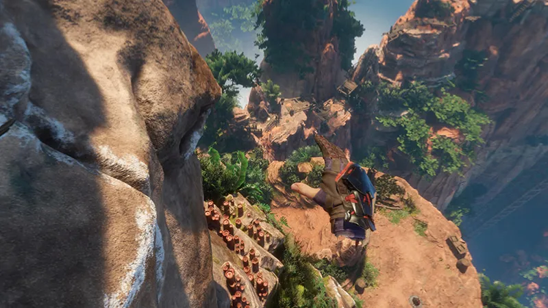 A screenshot from Horizon Call of the Mountain. The player hangs over a deep valley.