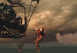 Hanging from an airship on a rope