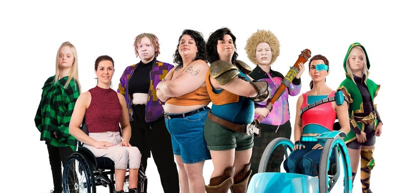 A group of women from different backgrounds, abilities, and of different sizes.