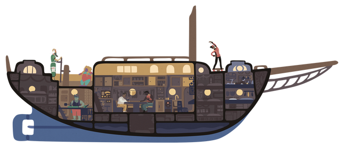 An image of a cross section of the ship De Kelpie, with 6 characters from SALTSEA CHRONICLES positioned variously throughout.