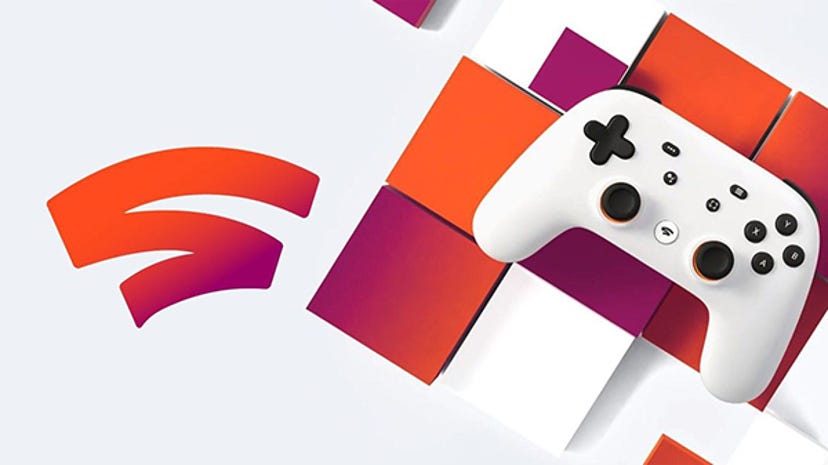 The Google Stadia controller and logo