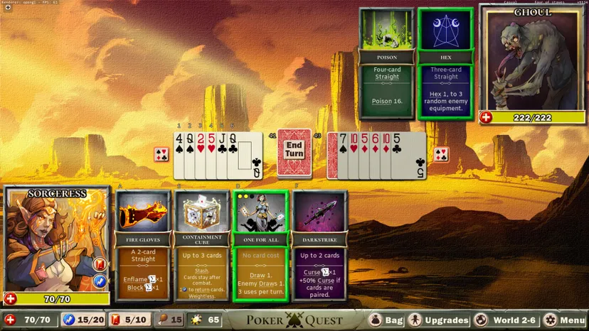 A combat encounter between a Sorceress and a Ghoul from Poker Quest. A spread of playing cards is in the center of the screen, with poker hand-based abilities for the player and monster displayed at the top and bottom of the screen respectively.