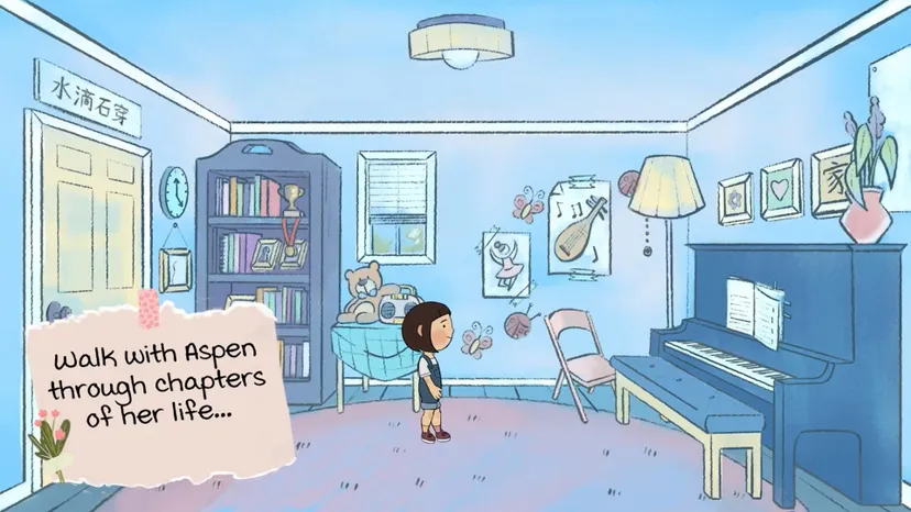 une scène colorée dessinée à la main d'un personnage près d'un piano