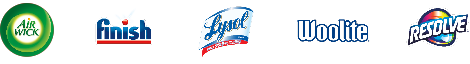 Airwick, Finish, Lysol, Woolite and Resolve brand logos