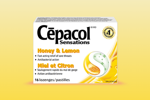 Cēpacol Sensations Honey & Lemon Lozenges packshot against a yellow background.