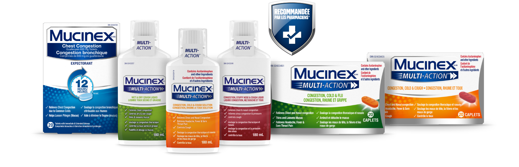 Packshots de la gamme Mucinex avec le badge Recommandé par les pharmaciens