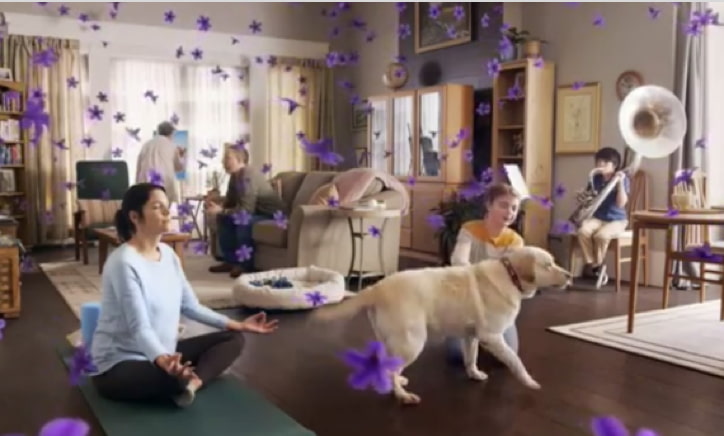Displays woman sitting crossed legged in her living room on a yoga mat mediating, with a one young boy with a dog and another young boy playing a tuba in the background. Also, in the background is a man watch tv on the couch. The scented oils scent is represented with purple flowers scattered in the air all over the room.