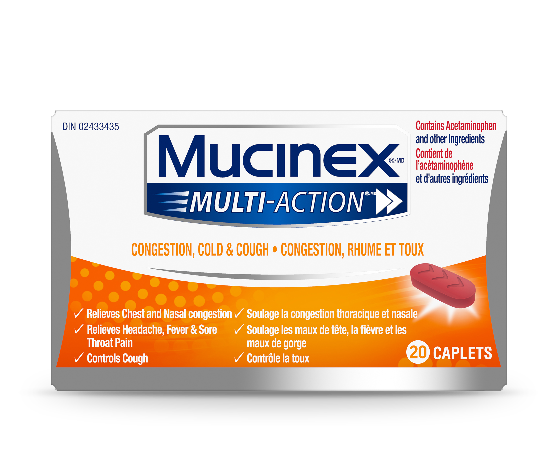 Plan produit de Mucinex Multi-Action Congestion, rhume et toux dans un emballage orange et blanc.