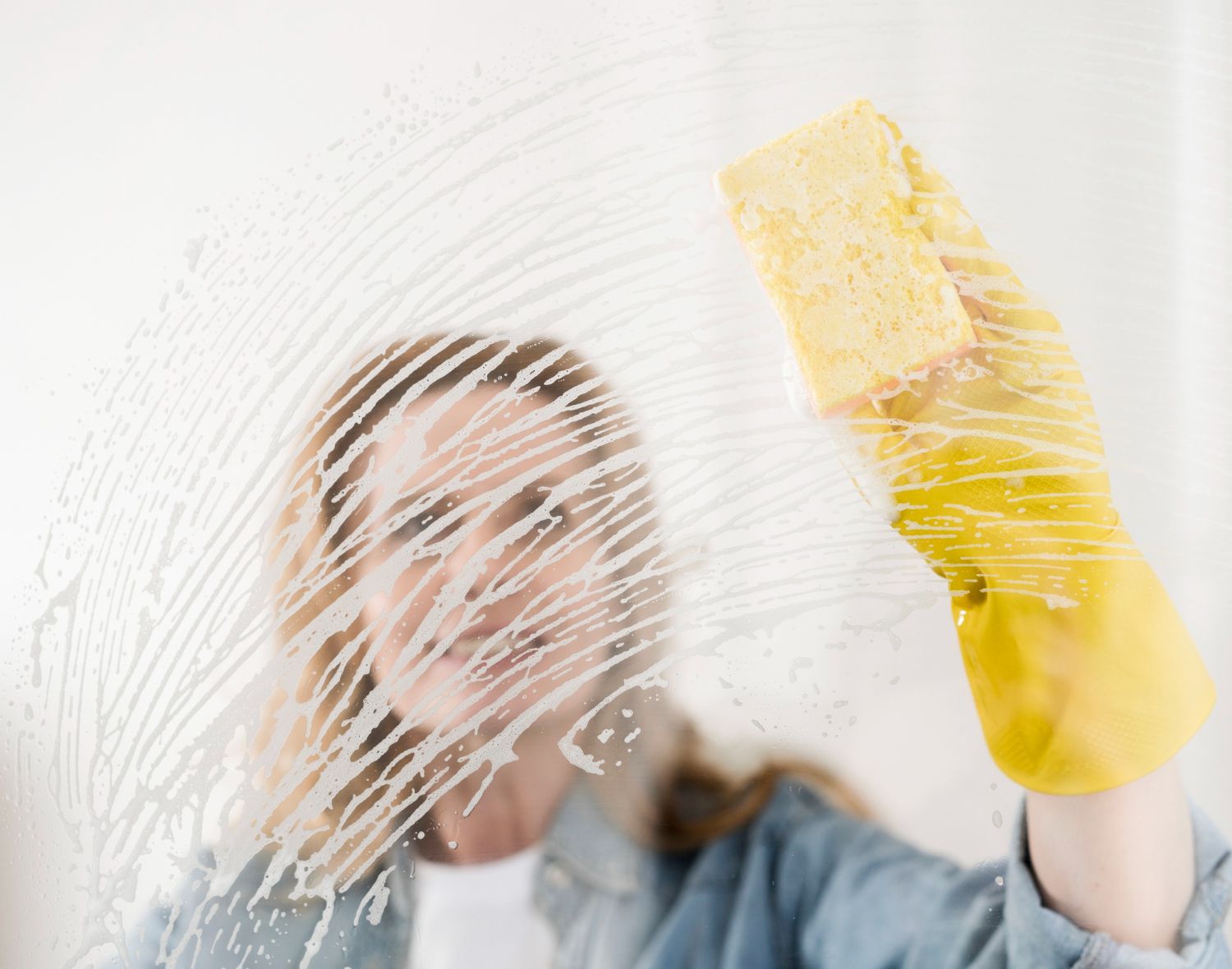 Mulher sorrindo enquanto limpa vidro com esponja amarela, usando luvas amarelas e com o rosto desfocado ao fundo.