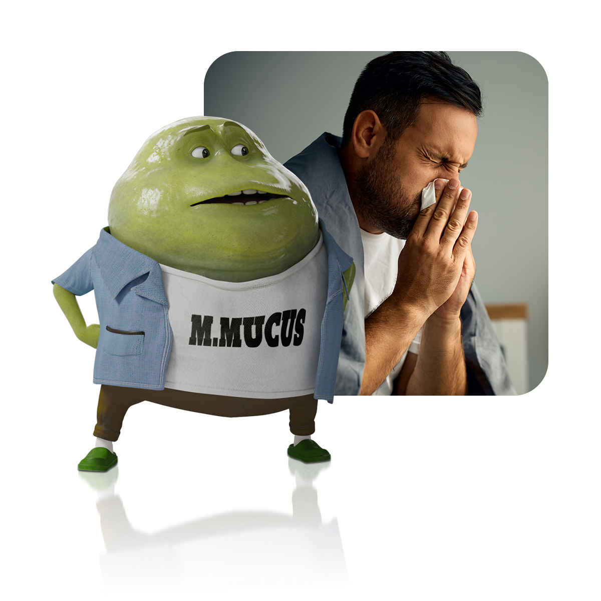 M. Mucus à côté de la photo d’un homme enrhumé ou grippé qui se mouche dans un mouchoir