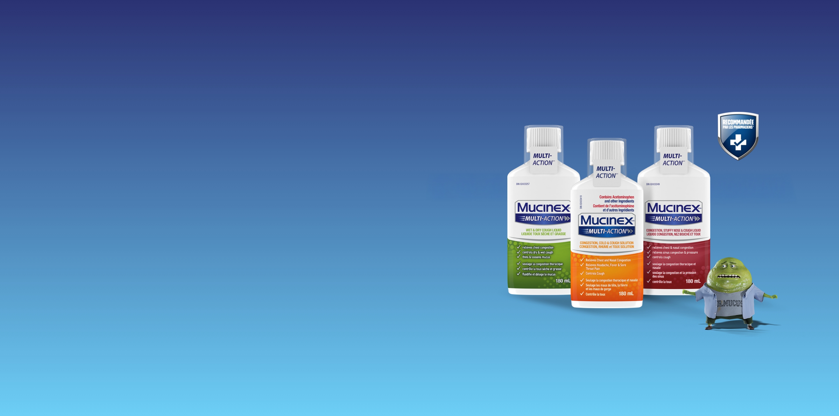 Packshots de Mucinex liquide avec M. Mucus et le badge Recommandé par les pharmaciens