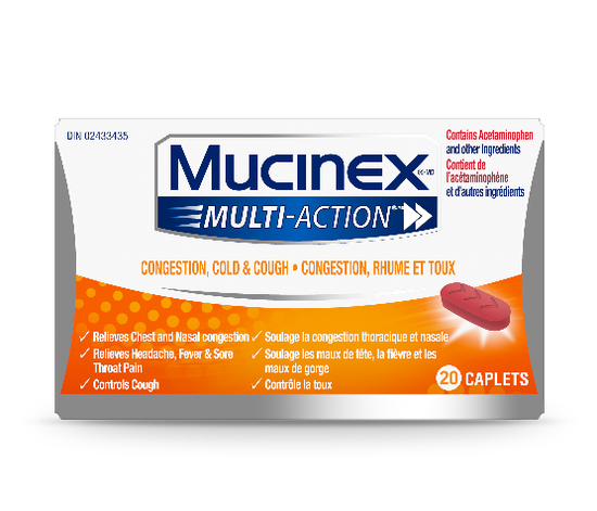 Mucinex Multi-Action Congestion, Cold & Cough Caplets packshot.