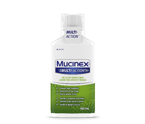 Plan produit du Liquide Mucinex Multi-Action Toux sèche et grasse dans une bouteille vert et blanc.