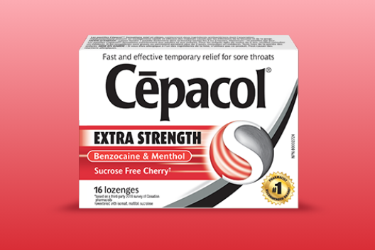 Cēpacol Extra Strength Sucrose Free Cherry Lozenges packshot against a red background.