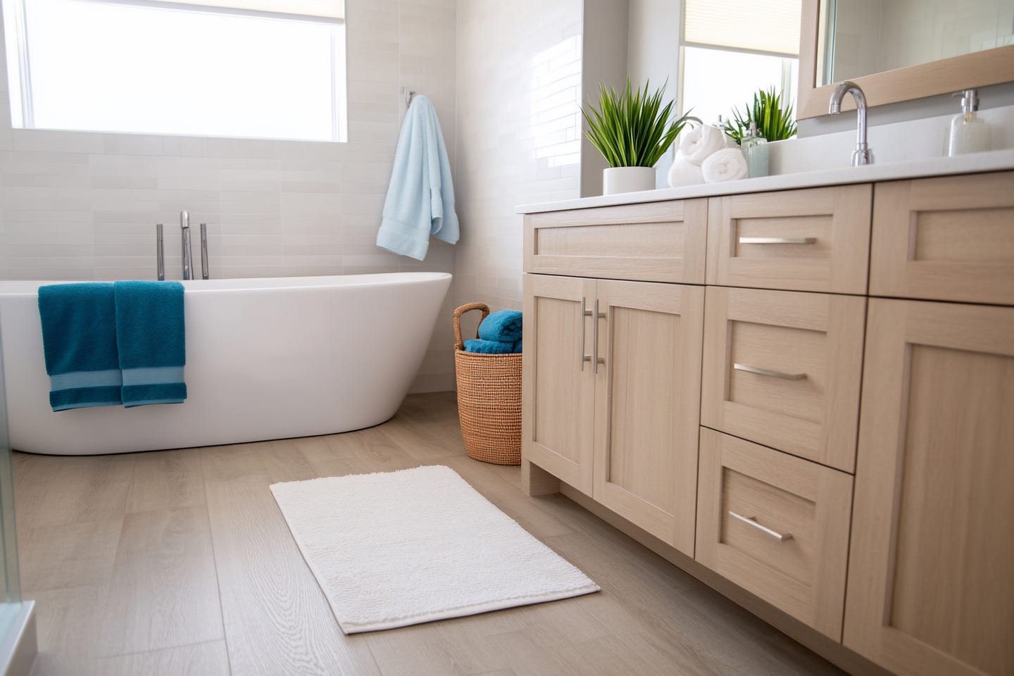Bathroom shot with a freestanding tub, wooden cabinetry, and bathroom mat