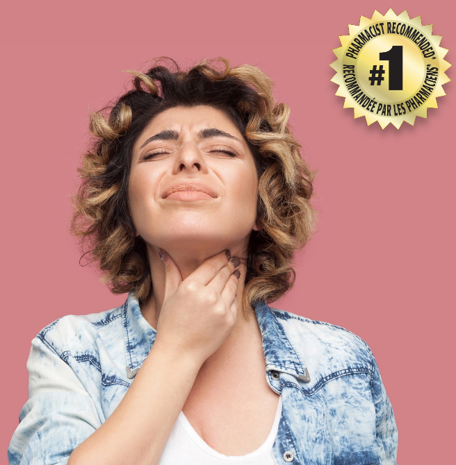 Woman grabbing her throat in pain against a mauve coloured background with a #1 Pharmacist Recommended gold badge at the top right.