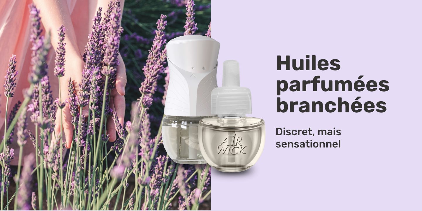Image : Présente un diffuseur et une recharge d’huiles parfumées branchées d’Air Wick® avec un fond de champs de lavande. Titre : Huiles parfumées branchées Sous-titre : Discret, mais sensationnel