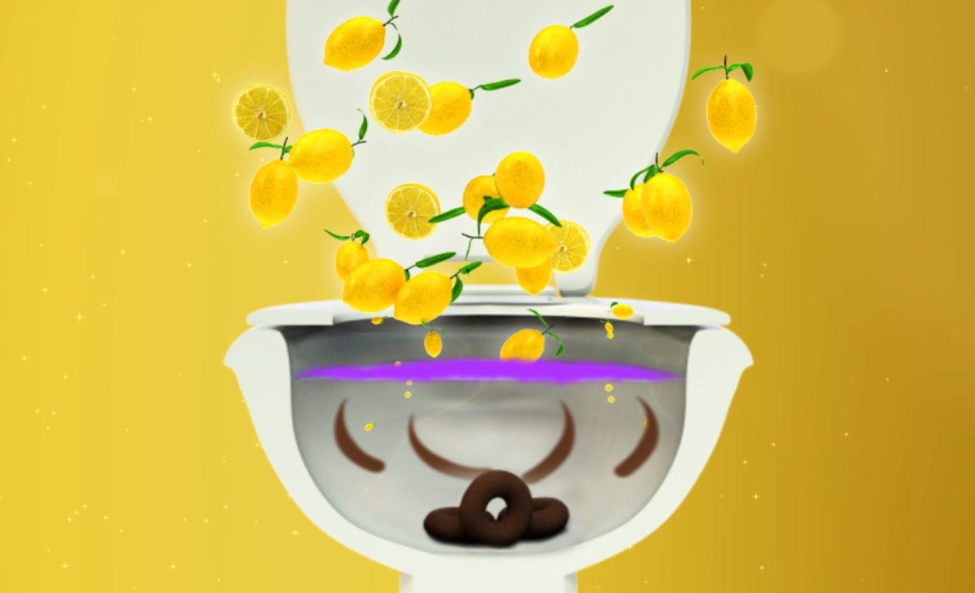 Image of a toilet with the VIPoo layer on trapping the bad smells in the toilet and releasing the lemon scent into the air.