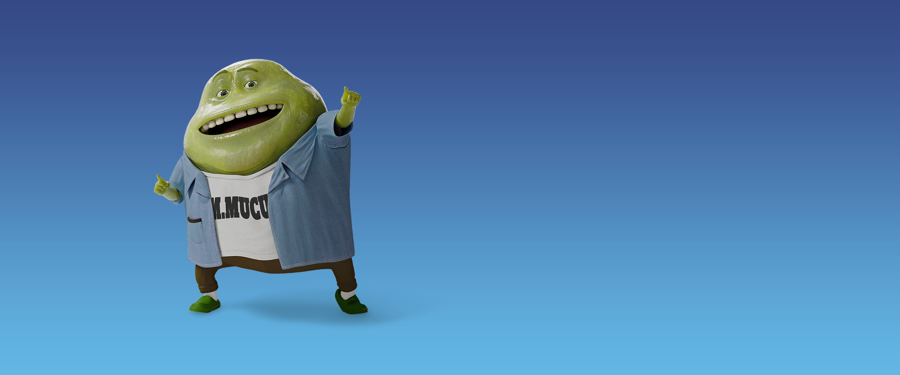 M. Mucus sourit et pointe du doigt, à l’intention du prochain arrêt de sa tournée canadienne