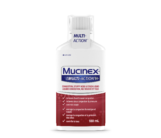 Plan produit du Liquide Mucinex Multi-Action Congestion, nez bouché et toux dans une bouteille blanc et cerise.