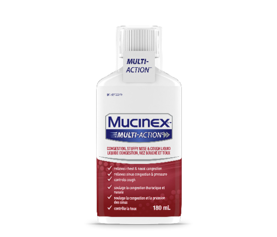 Packshot of Mucinex Multi-Action Congestion, Stuffy Nose & Cough Liquid