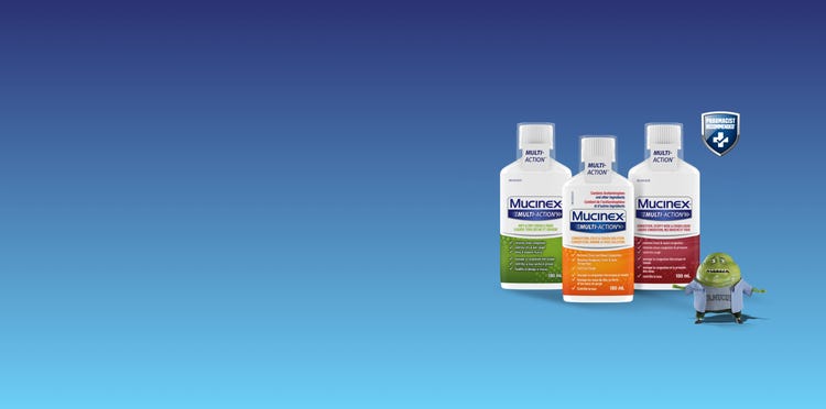 Mucinex Liquid packshots with Mr. Mucus and Pharmacist Recommended badge