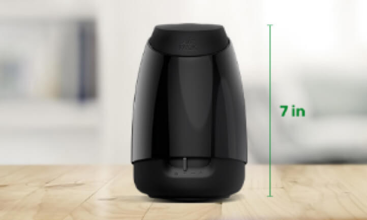 Displays Essential Mist® Diffuser on a table with the height measurement of the device in the side displaying a height of 7 inches.
