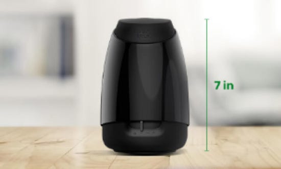 Présente un diffuseur Essential Mist® sur une table avec la hauteur du dispositif sur le côté affichant une hauteur de 7 pouces.