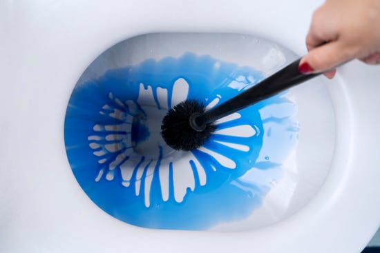 A woman holding a toilet brush cleaning the toilet bowl with toilet bowl cleaning solution.