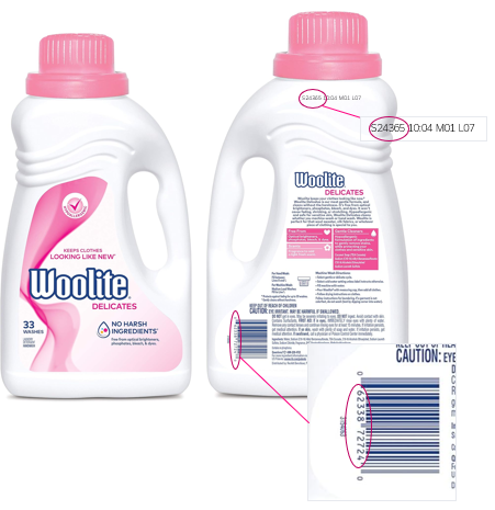 Recalled Woolite Delicates detergent, 50 fluid ounce and location of lot code and SKU
