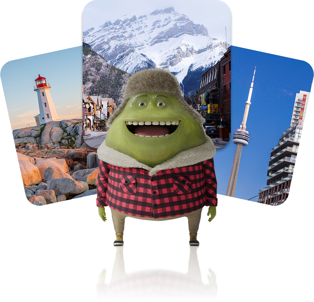 Mr. Mucus posing in front of famous Canadian landmarks: Peggy's Cove, Banff mountains and the CN Tower