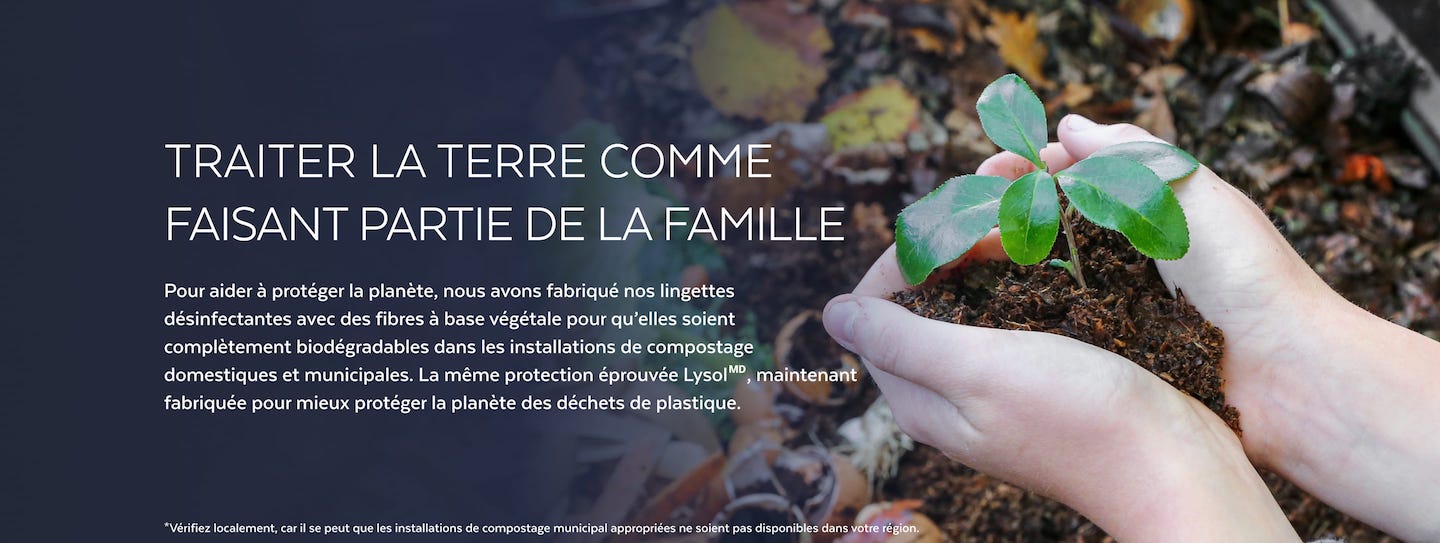 Mains tenant de la terre avec une petite plante, avec le texte sur la bannière "Traiter la terre comme un membre de la famille"
