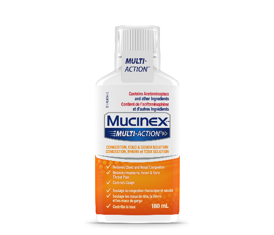 Plan produit de la solution Mucinex Multi-Action Congestion, rhume et toux dans une bouteille orange et blanc.