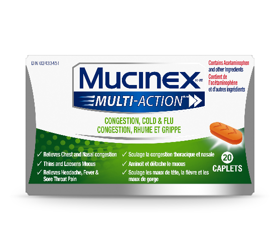Plan produit de Mucinex Multi-Action Congestion, rhume et grippe dans un emballage vert et blanc.