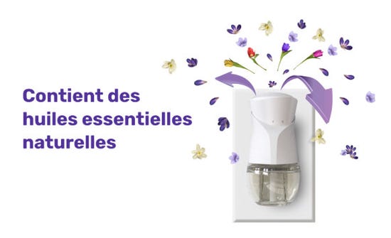 Présente le haut d’un diffuseur d’huiles parfumées d’Air Wick® branché dans le mur avec des fleurs violettes qui sortent du haut pour représenter l’odeur diffusée dans la pièce.