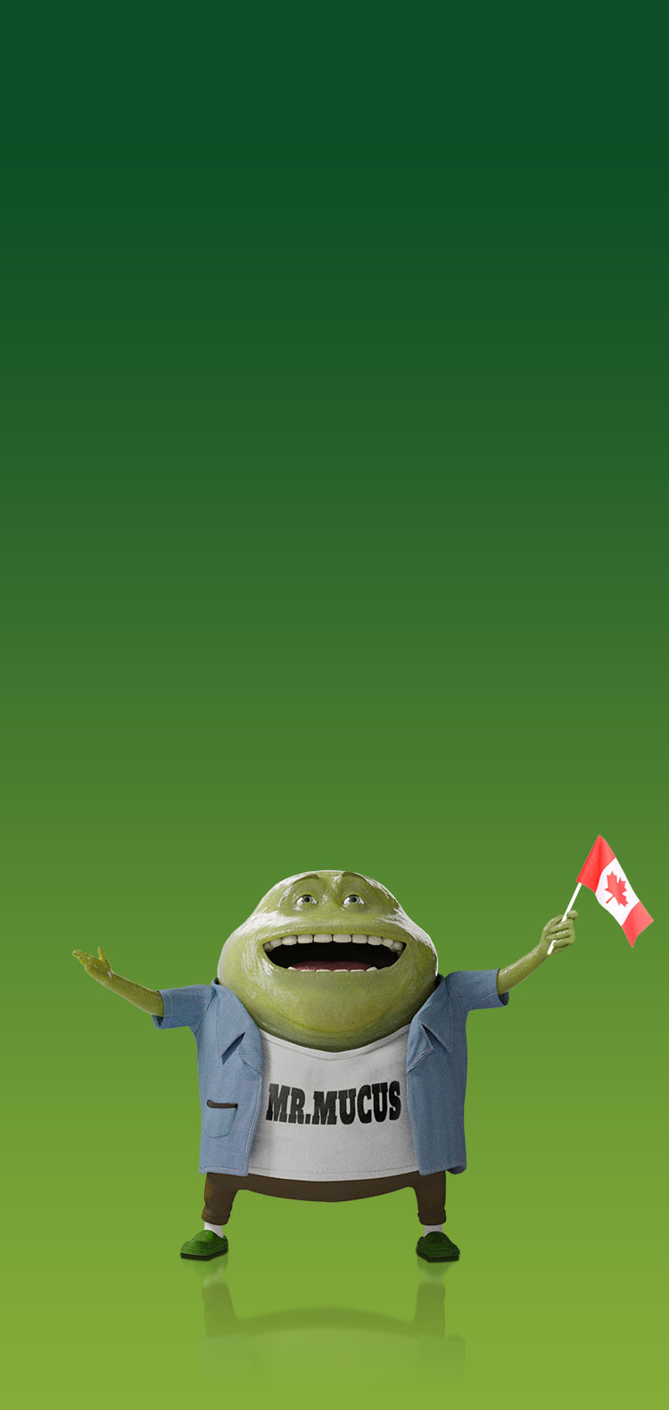 Mr. Mucus, the Mucinex® mascot, waving a Canadian flag to kick off his cross-country congestion tour