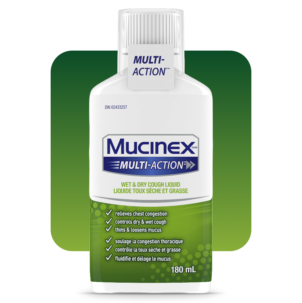 Packshot de liquide Mucinex Multi-Action toux sèche et grasse
