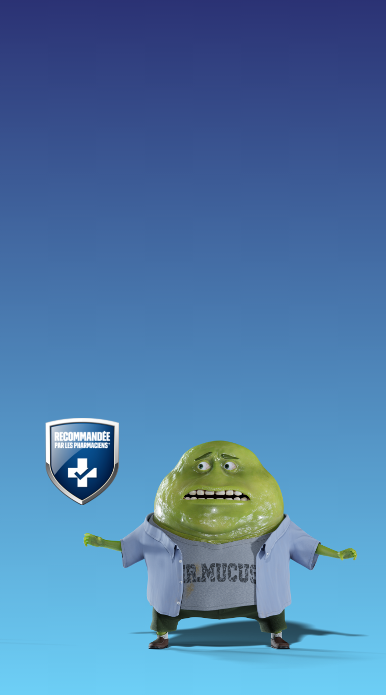 Mr. Mucus mascot wearing an open light blue button down shirt and T-shirt with name on it next to Pharmacist Recommended badge against a dark blue to light blue gradient background.