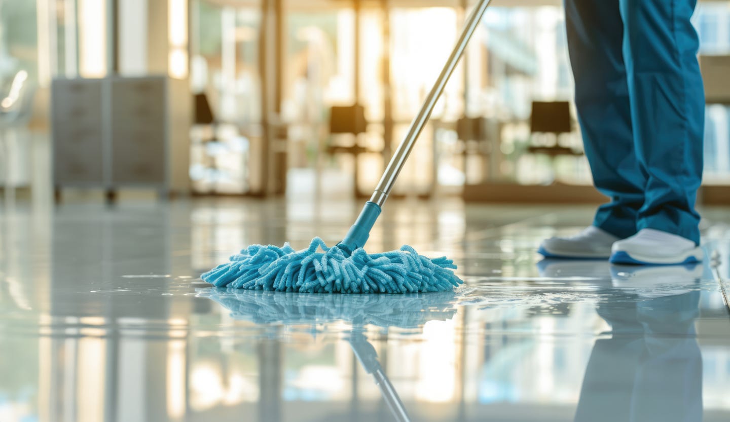 A person mopping linoleum floors