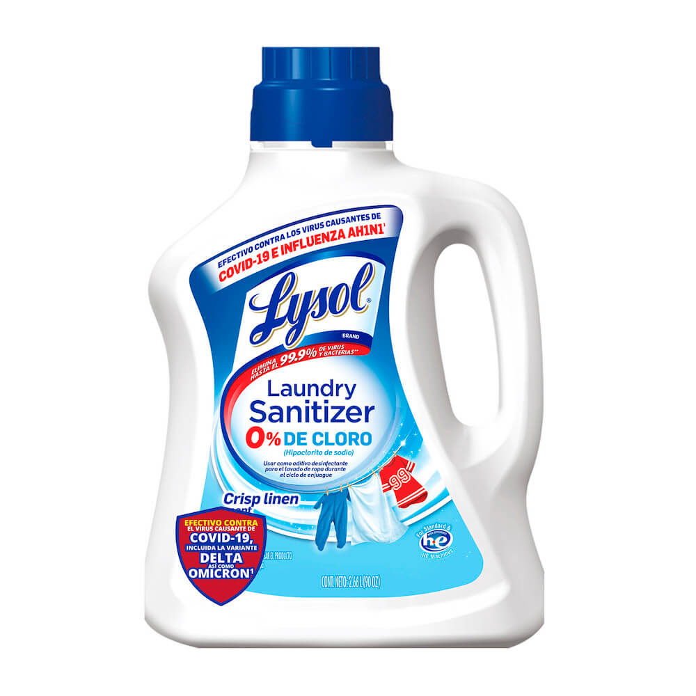 Bote de Lysol Laundry Sanitizer en color blanco con tapa azul