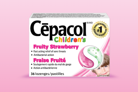 Cēpacol Children's Fruity Strawberry Lozenges packshot against a pink background.