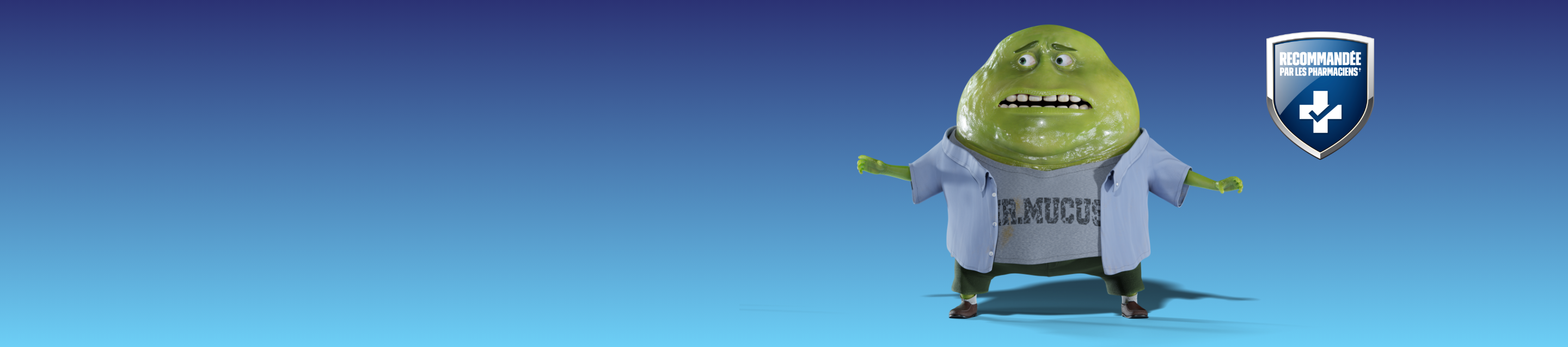 La mascotte M. Mucus est vêtue d’une chemise boutonnée bleu pâle, ouverte, et d’un t-shirt arborant son nom, à côté du badge « Recommandé par les pharmaciens », le tout sur un fond dégradé de bleu foncé à bleu pâle.
