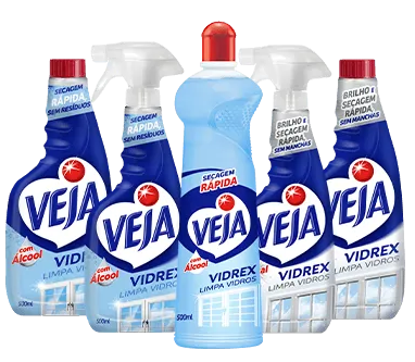 Conjunto de produtos de limpeza Veja Vidrex, incluindo frascos spray e líquido, indicados para limpeza de vidros e superfícies de vidro.