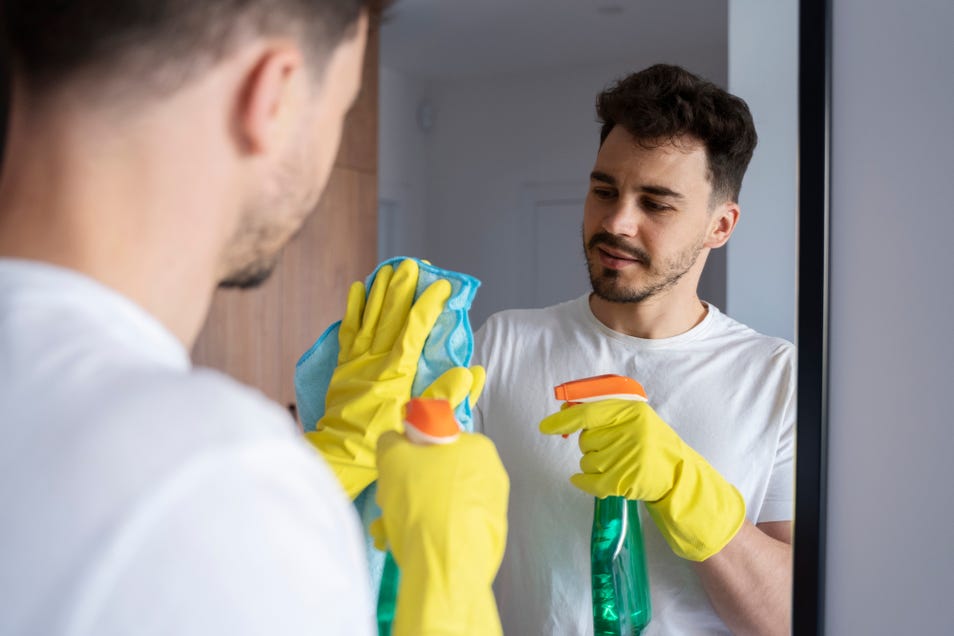 A man cleaning a bathroom mirror with a cloth and spray bottle