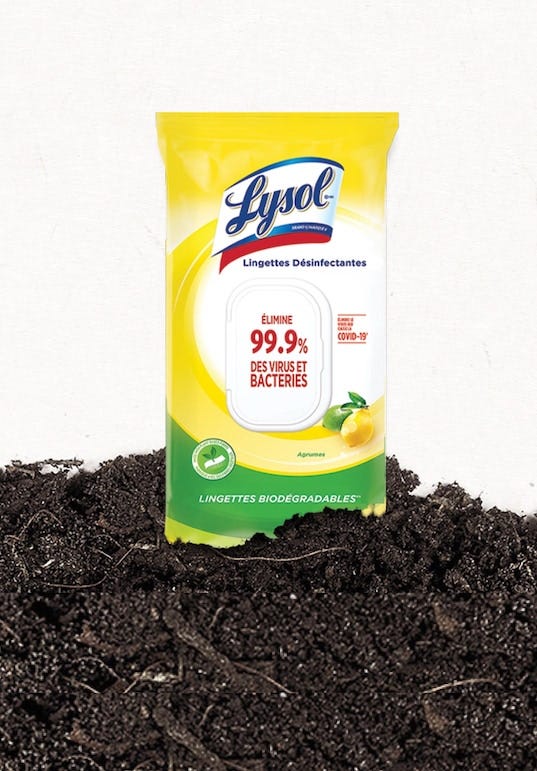 Lingettes désinfectantes biodégradables Lysol présentées sur de la terre