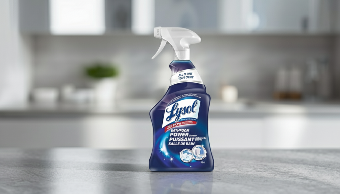 A front shot of a Lysol Bathroom Cleaner Spray bottle on a bathroom counter