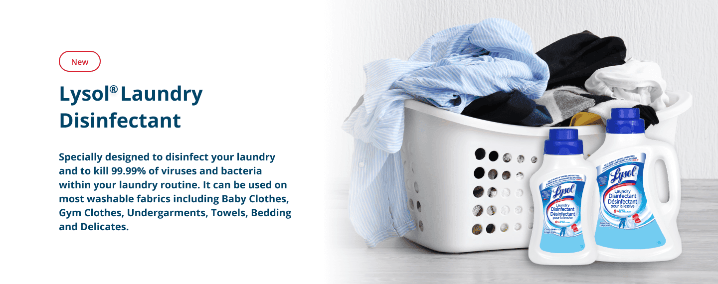 Laundry basket filled with clothes alongside Lysol Laundry Disinfectant - Crisp Linen