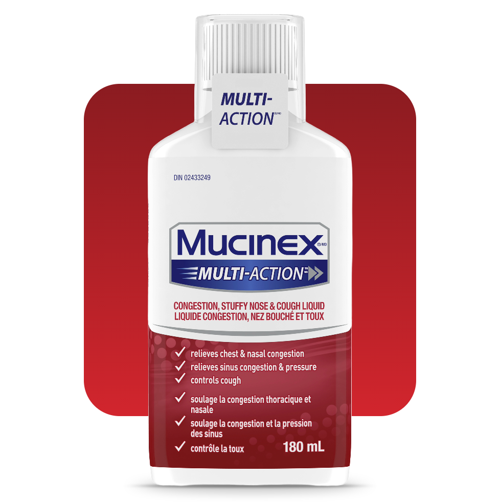 Packshot de liquide Mucinex Multi-Action Congestion, nez bouché et toux