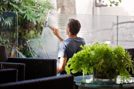 Homem limpando vidro com rodo, enquanto plantas decoram o fundo.